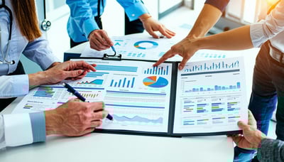 Newsletter signup illustration showing people engaging with technology and healthcare data.